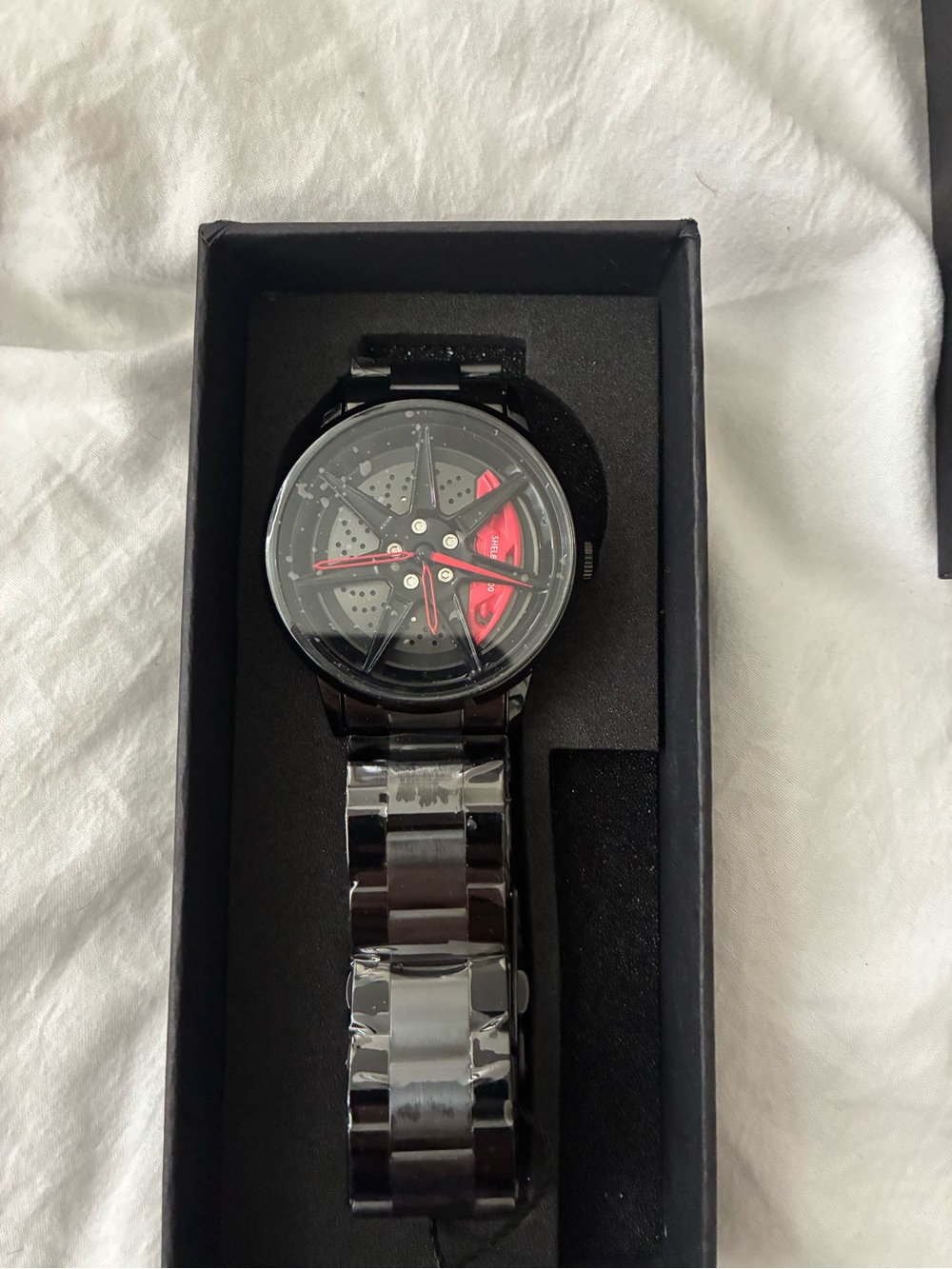Men's Black Metal Bracelet Watch - Black Car Wheel with Red Caliper